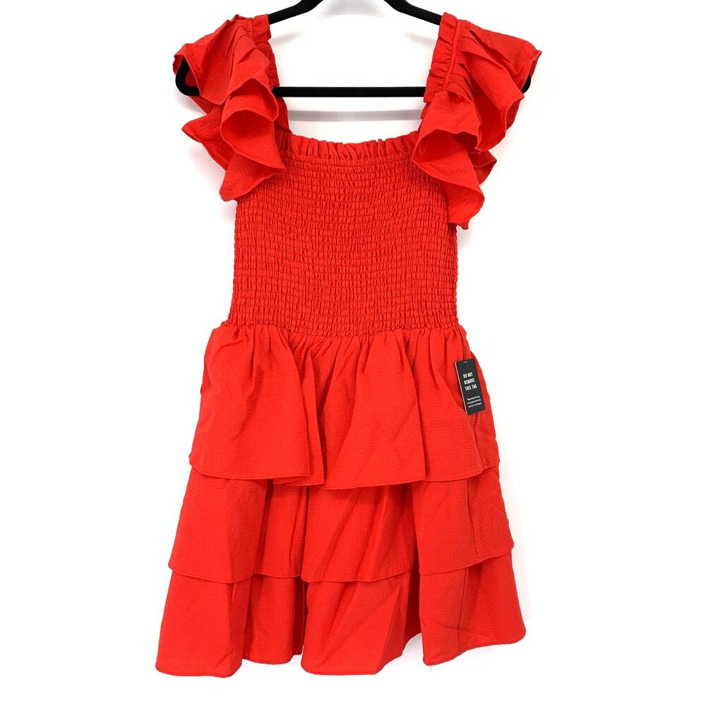 Express Smocked Tiered Ruffle Hem Dress Womens Sz Small Red Flutter Sleeves NEW